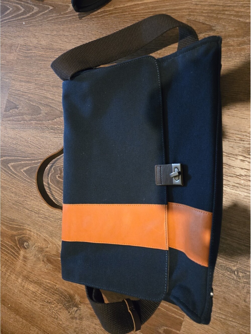 Pottery Barn Bradley Leather Canvas Messenger Bag Computer Tote Navy Orange